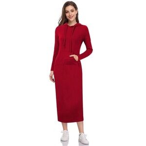 Women's Red Hooded Maxi Dress with Front Pocket